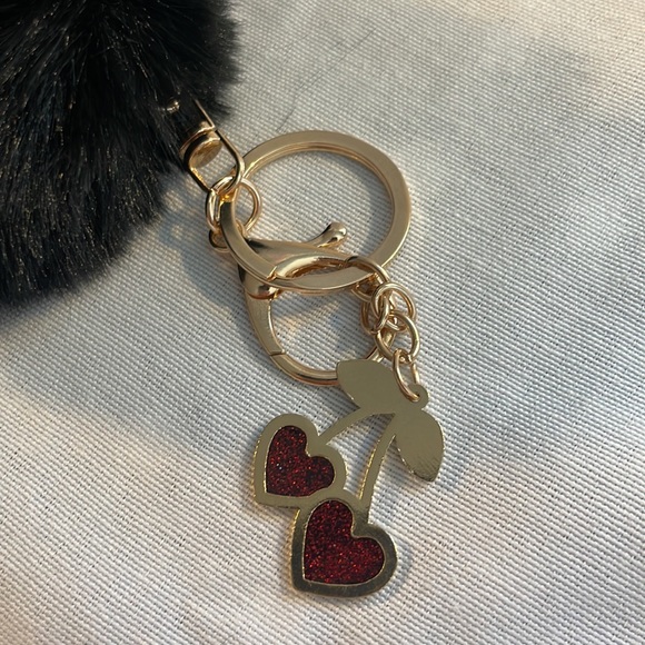 NEW black Pom with Rhinestone cherry heart charm luxury style keychain - Picture 4 of 6